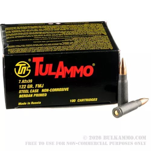 100 Rounds of 7.62x39mm Ammo by Tula – 122gr FMJ