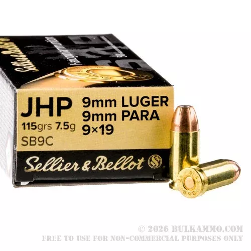 1000 Rounds of 9mm Ammo by Sellier & Bellot – 115gr JHP