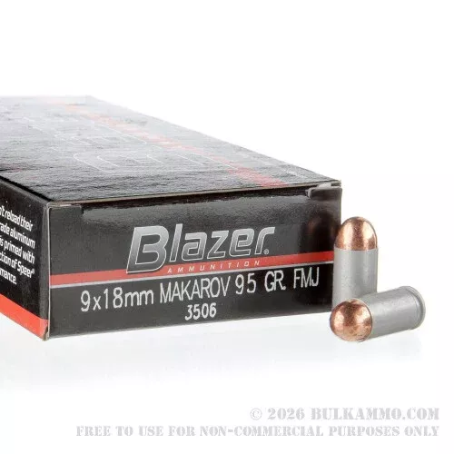 1000 Rounds of 9x18mm Makarov Ammo by Blazer – 95gr FMJ