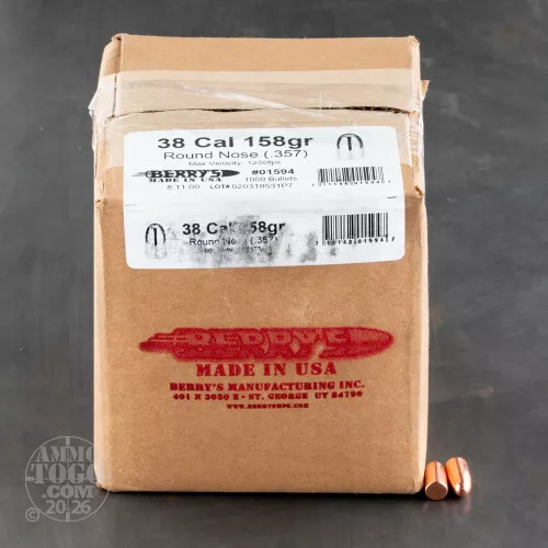 1000pcs - 38 / 357 Cal .357" Dia Berry's 158gr. Plated RN Bullets