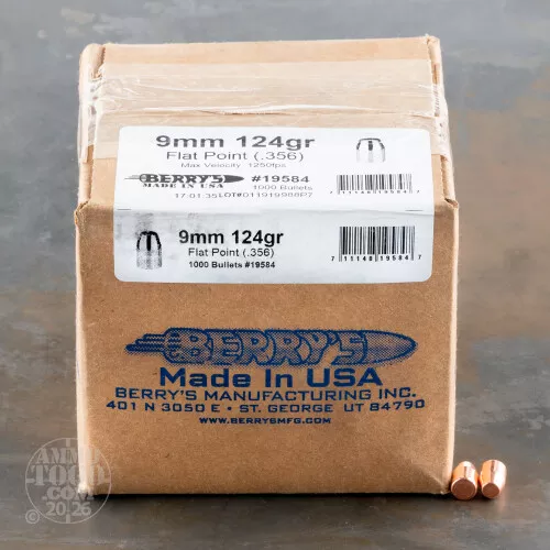 1000pcs - 9mm .356" Dia Berry's 124gr. Plated FP Bullets
