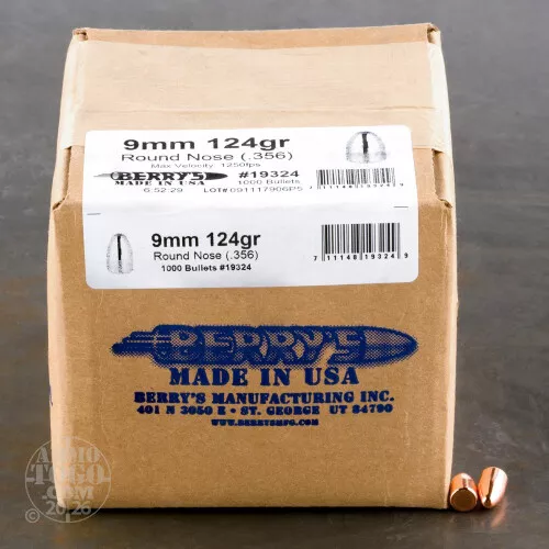 1000pcs - 9mm .356" Dia Berry's 124gr. Plated RN Bullets