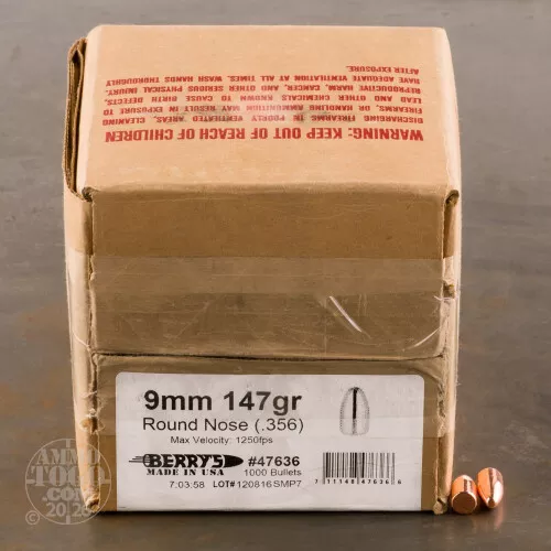 1000pcs - 9mm .356" Dia Berry's 147gr. Plated RN Bullets