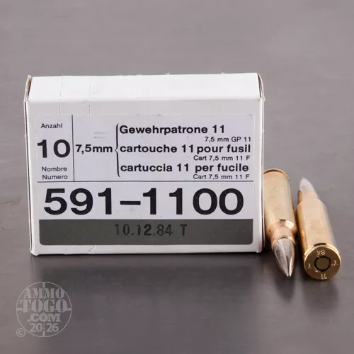 480rds – 7.5x55 Swiss (Schmidt-Rubin) RUAG Munitions 174gr. FMJ-BT (Swiss Surplus) Ammo