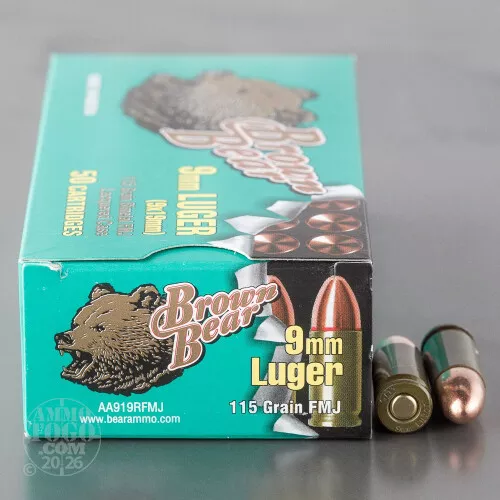 50rds - 9mm Brown Bear 115gr. FMJ Ammo