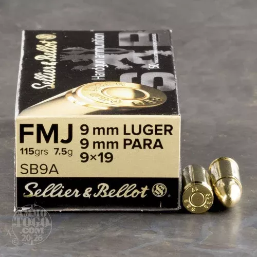 50rds - 9mm Sellier & Bellot 115gr. FMJ Ammo