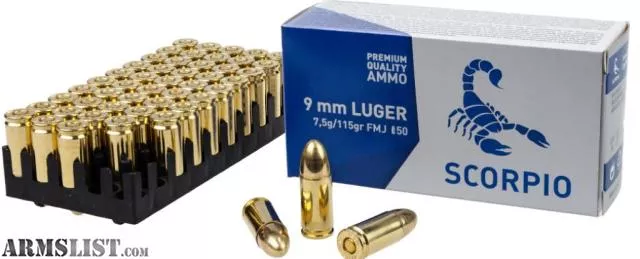 Scorpio Ammo 9MM 115 Grain FMJ 1,000 Round Case from KAG Arms near Littleton, Massachusetts, USA