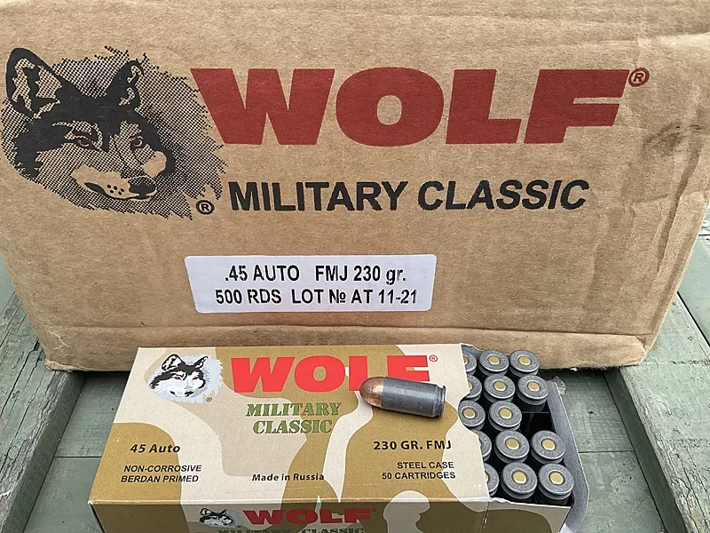 WOLF MILITARY CLASSIC 45 ACP 230gr FMJ 500rd CASE