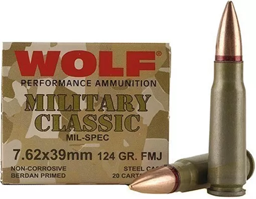 WOLF PERFORMANCE AMMO MC 7.62 x39 124GR FMJ 20BX MC762BFMJ 645611300707